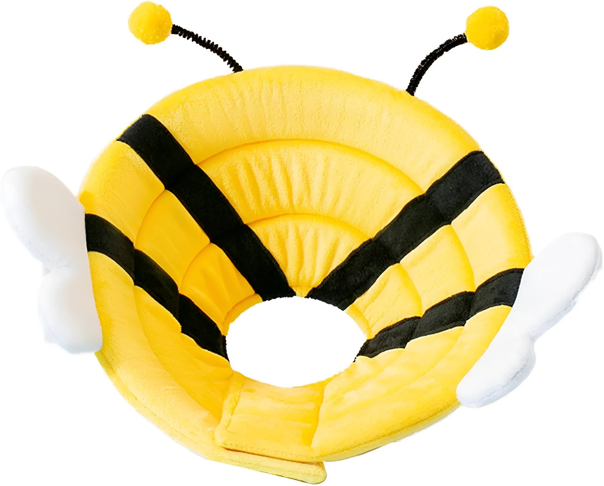 Soft cat cone collar with bee design showing adjustable velcro closure