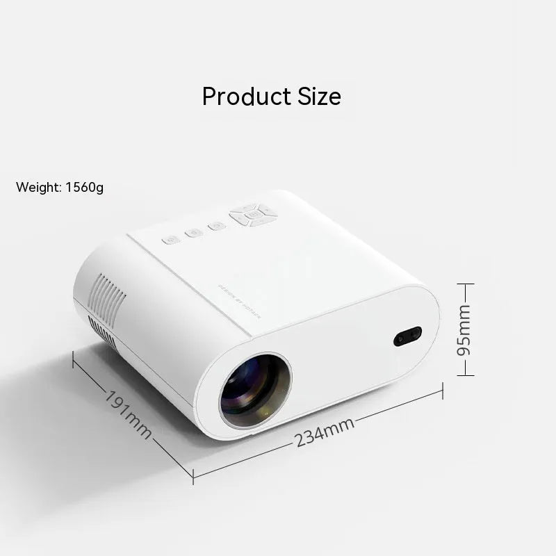White T07 Full HD smart projector with remote control on a wooden surface.