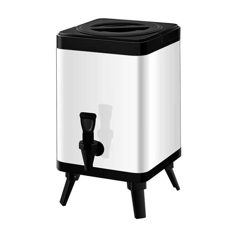 Silver stainless steel milk tea bucket with square-lock lid showing 8 litre capacity for commercial beverage storage