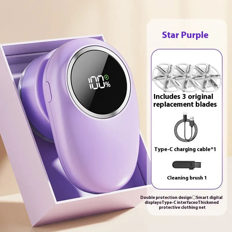 Beige and purple digital fur ball trimmer lint rollers with removable cutter heads on a table.