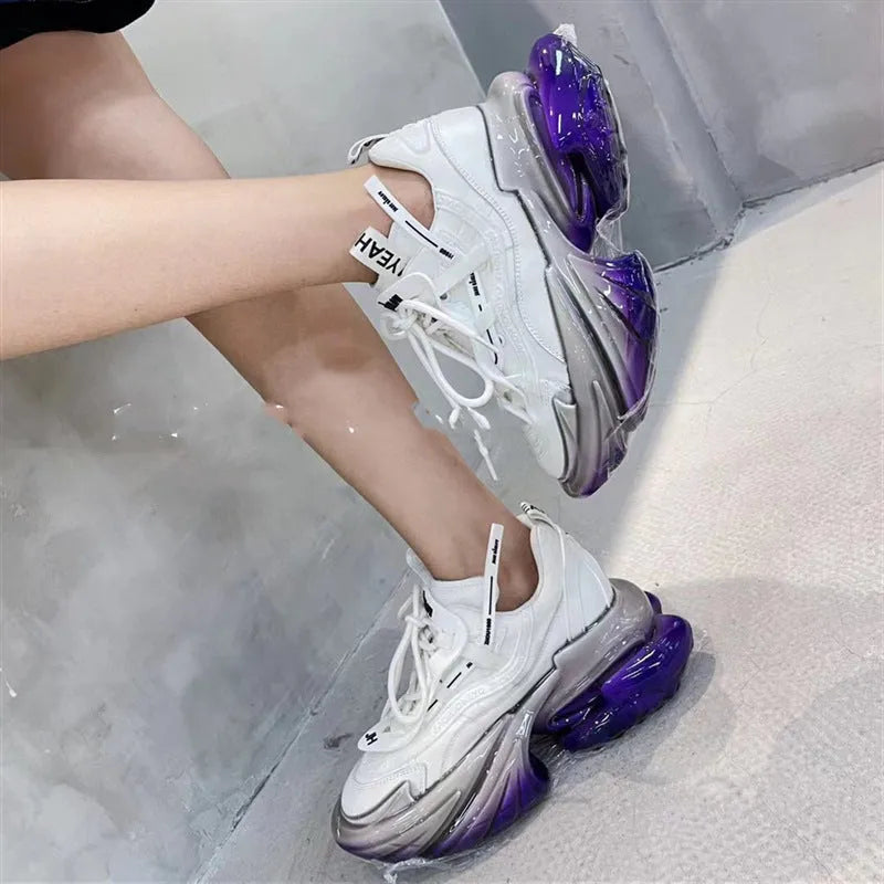 Women's leather jelly shoes with thick sole and cross-tie detail in green, blue, white, purple, or black.