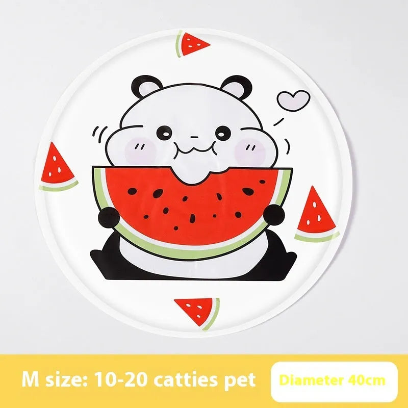 Round pet cooling mat with cartoon design options for dogs in two size variations
