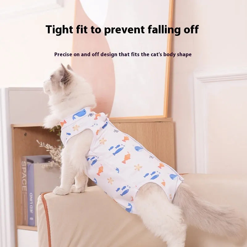 Cat wearing a blue printed polyester recovery suit after surgery, showing the Velcro fastening on its back.