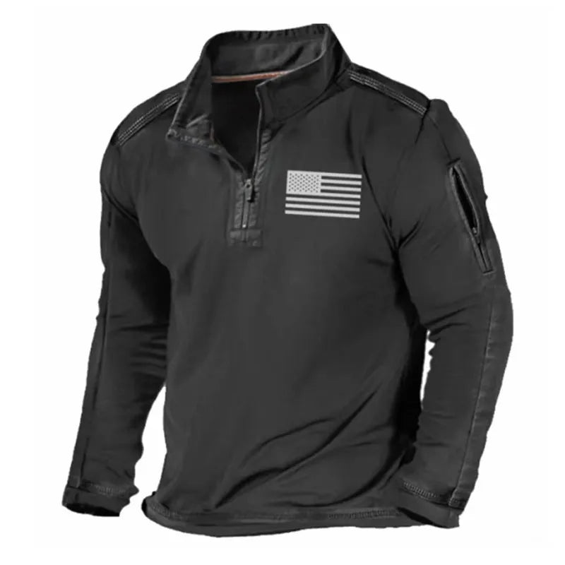 Men's grey zip-front stand collar long-sleeved polyester sweater laid flat.