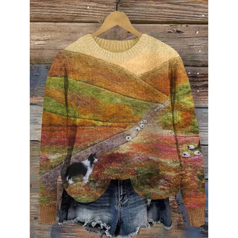 Women's round neck sweater featuring a digital printed little flower pattern in various colours.