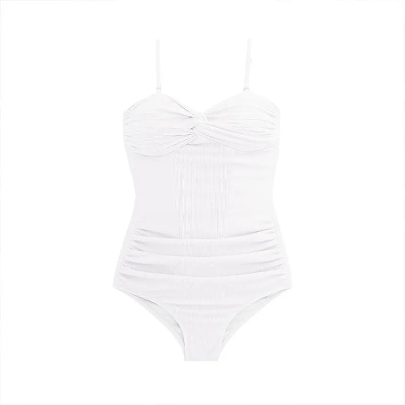 Black women's one-piece swim jumpsuit with suspender straps and a high-waist slimming design.