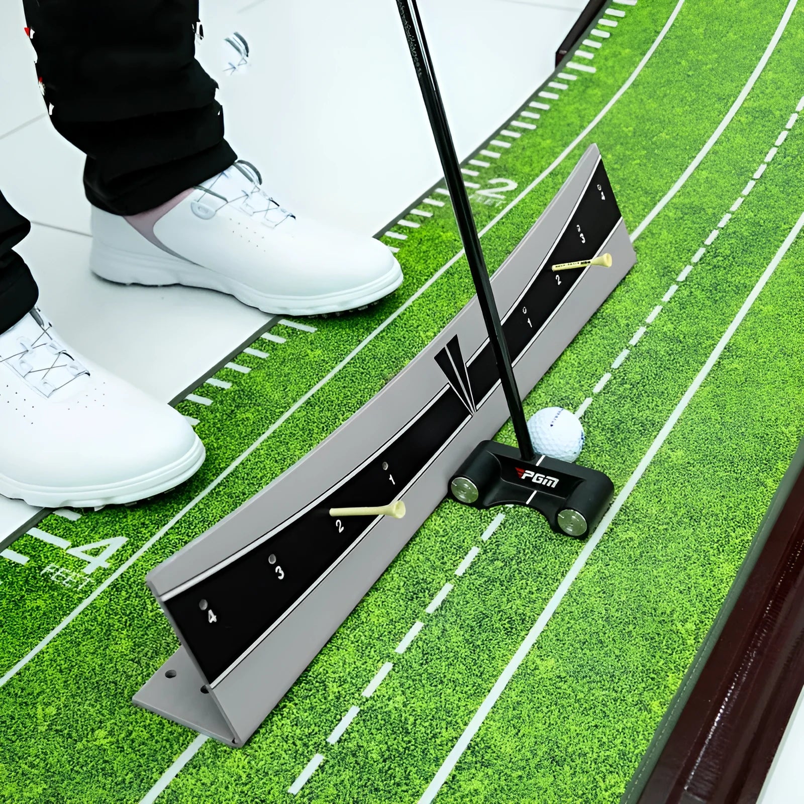Golf putter trajectory balance simulator with adjustable push rod mechanism
