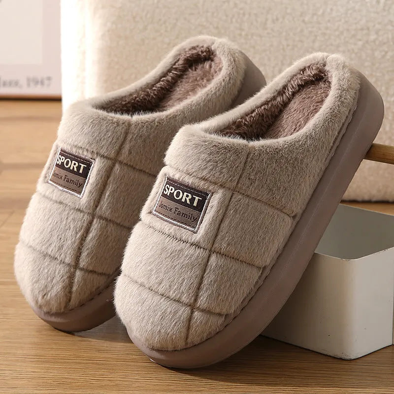Men's grey and brown plaid rabbit hair slippers with thick EVA sole and wool lining.