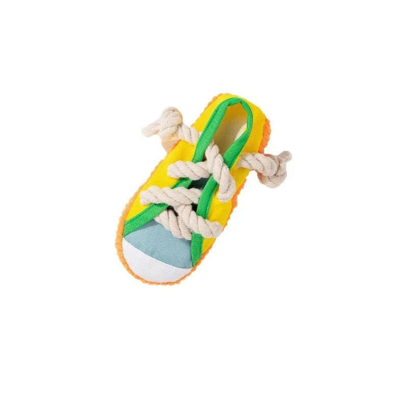 Plastic dog sound slippers chew toy in yellow, black, or blue with squeaker and textured bends