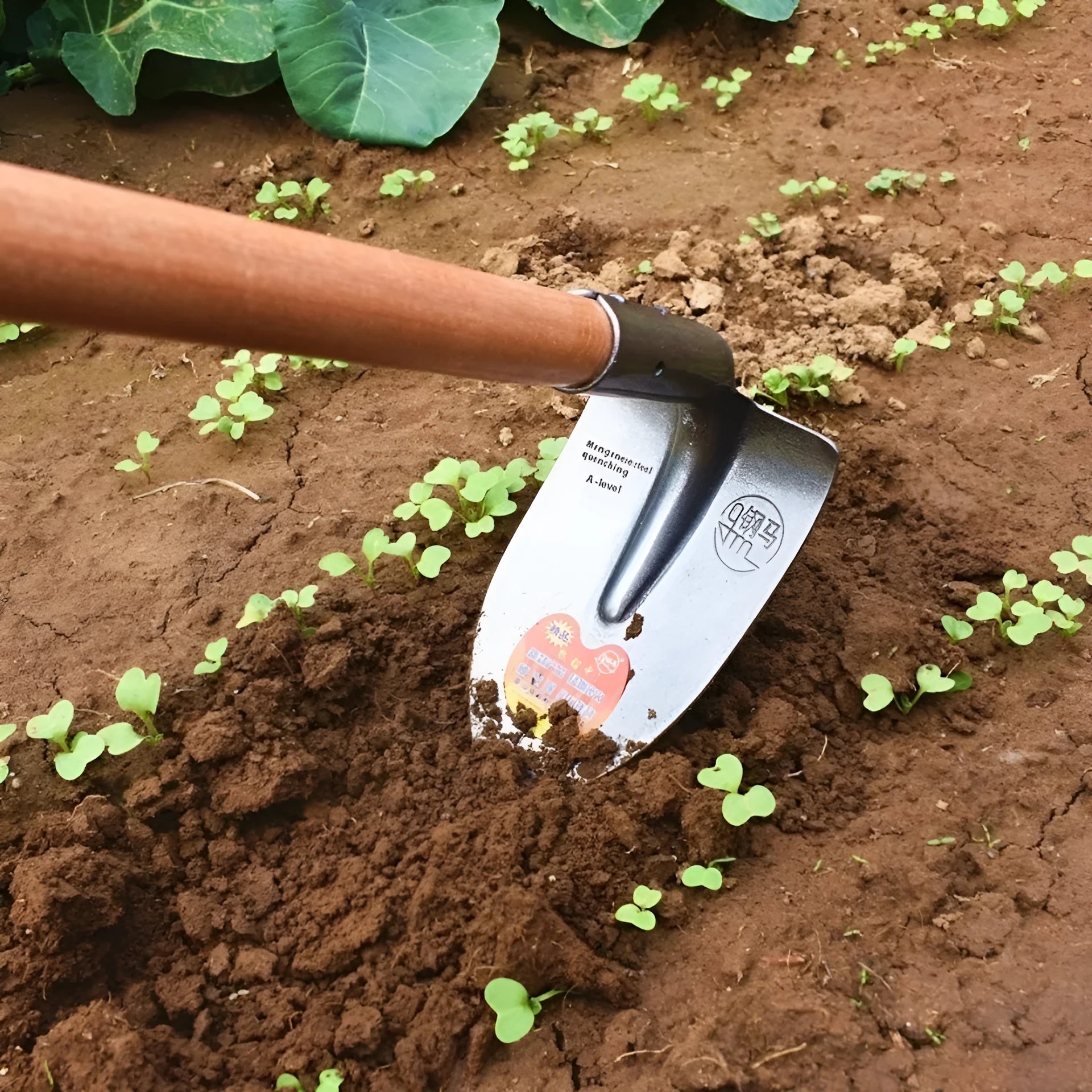 Manganese steel agricultural flat hoe with a pointed steel horse tip for ploughing and weeding.