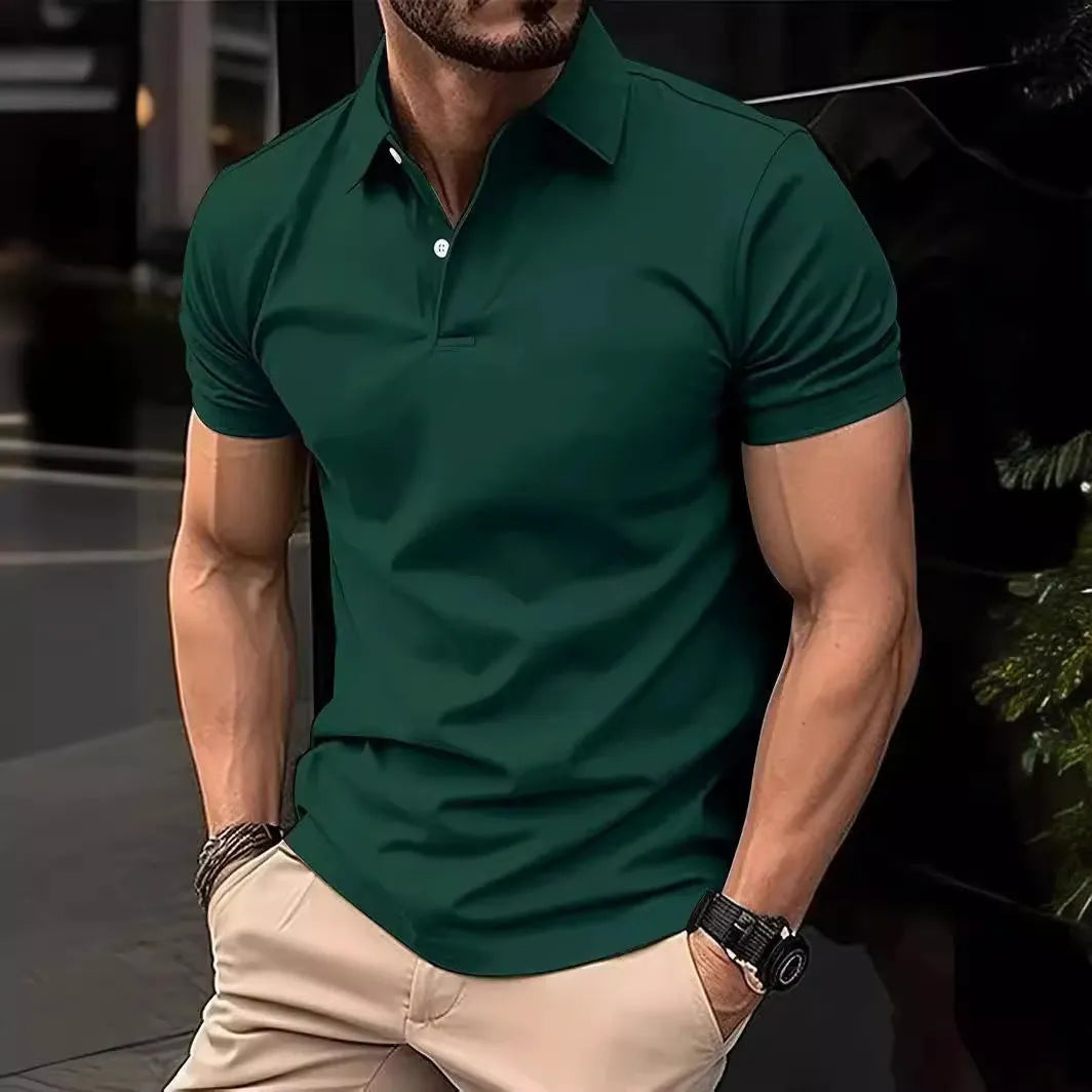 Men's solid colour slim fit short sleeve casual shirt with button front on a hanger.