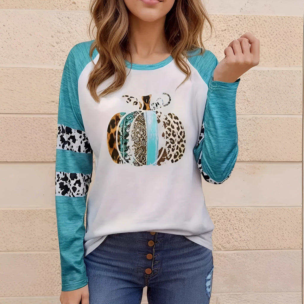 Sky blue Halloween T-shirt with white 3D printed pumpkin design in regular fit pullover style