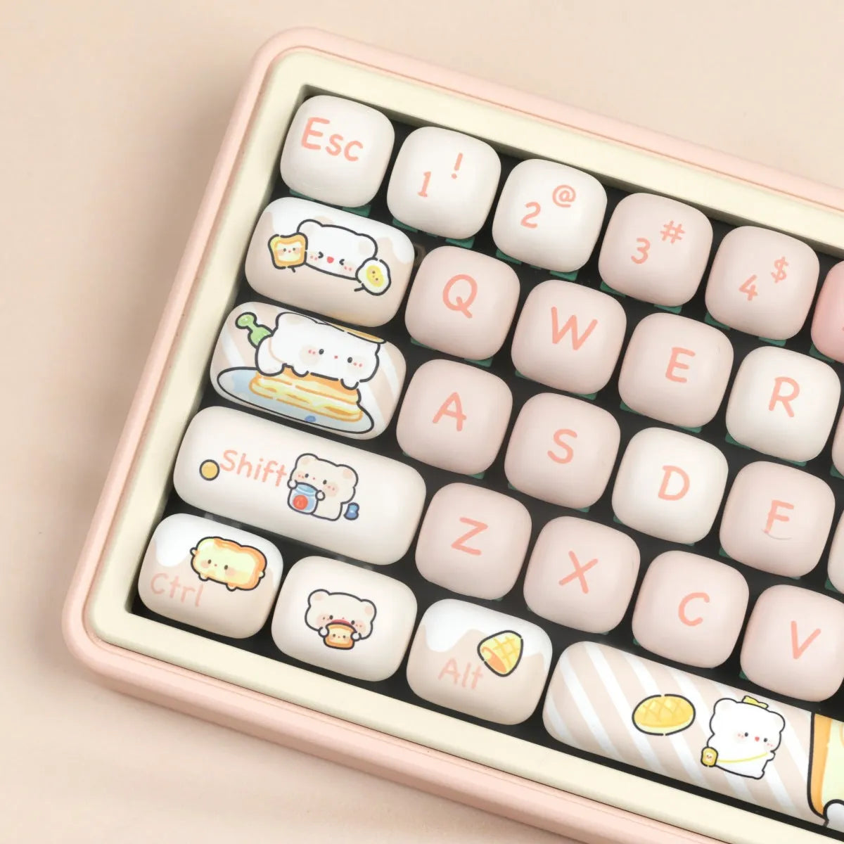 Full set of PBT sublimation keycaps with bear and steamed bread design for mechanical keyboards