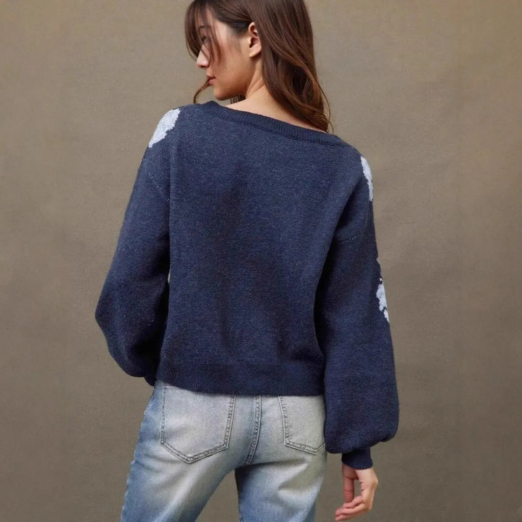 Sapphire blue women's pullover with floral jacquard pattern, loose street fashion fit