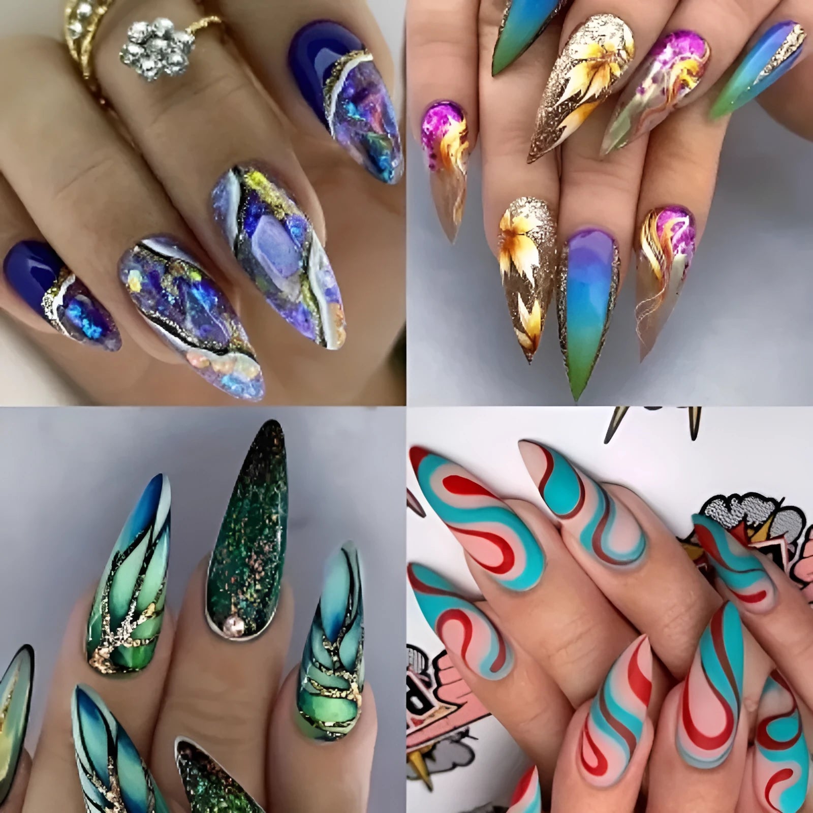 Almond-shaped false nail stickers with colourful rainbow plaid lines in four colour designs