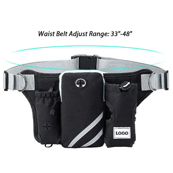 Black outdoor pet training waist bag set with telescopic leash and collar for dog walking