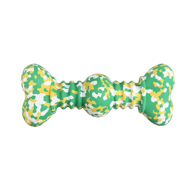 Natural rubber dog chew bone toy for large breeds in camouflage colours, shown in two sizes.