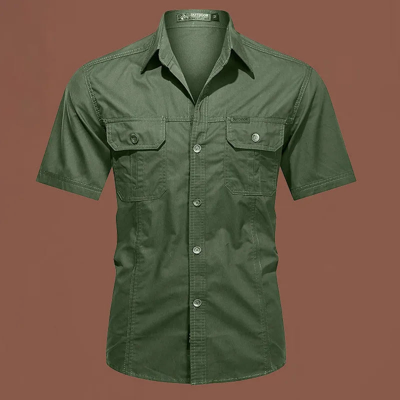 Men's short sleeve cotton work shirt in a loose fit, shown in army green colour.