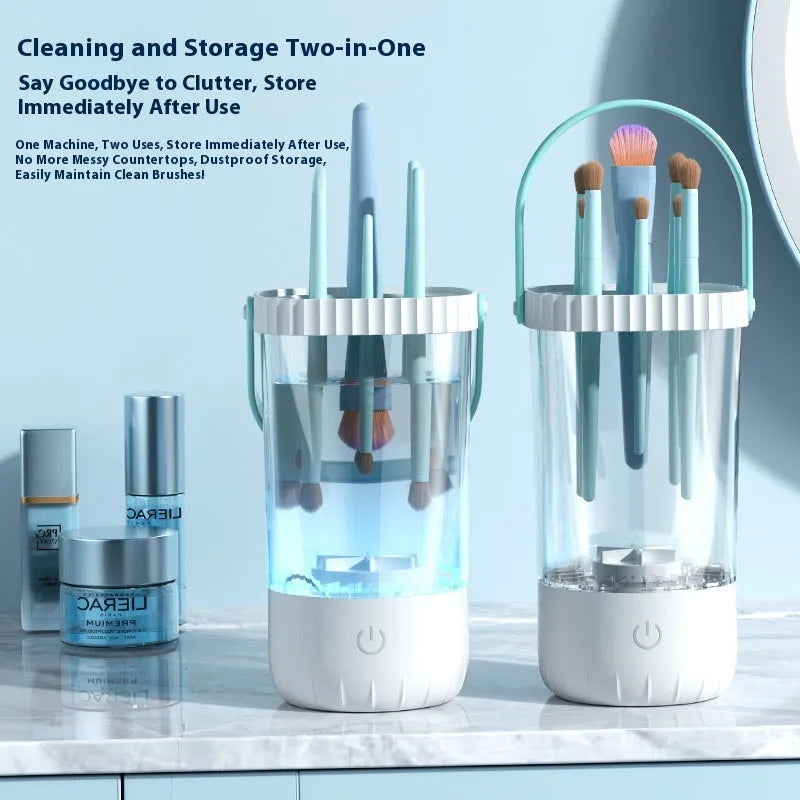 White plastic rechargeable makeup brush cleaning machine measuring 24cm with included data cable