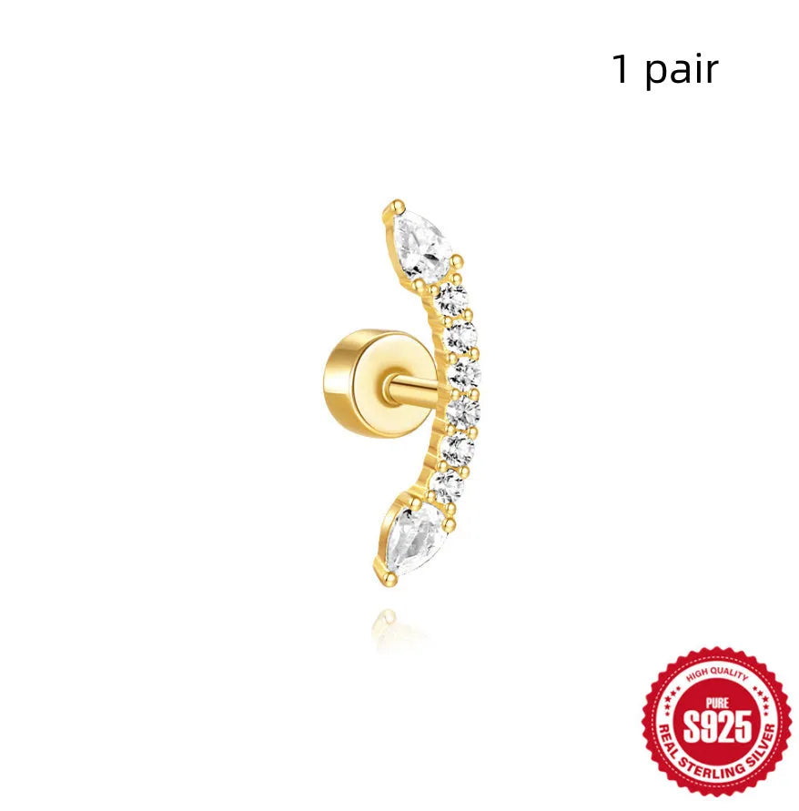 S925 sterling silver flat column geometric ear bone studs with thread detail in a gold colour finish