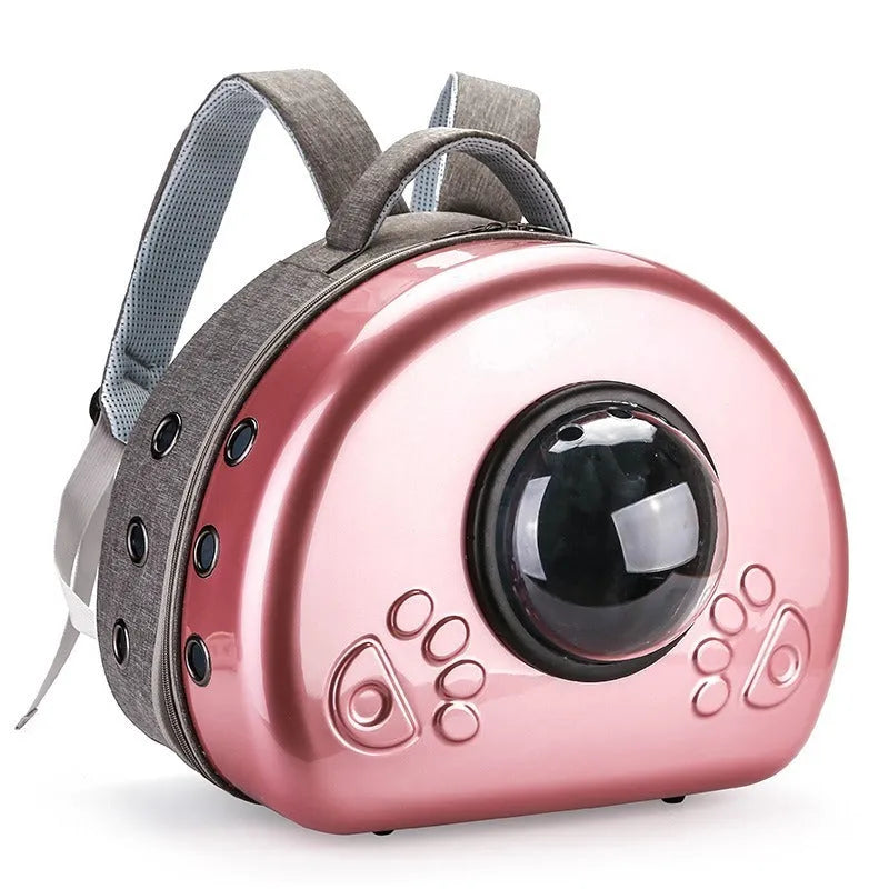 Transparent space capsule cat carrier bag in PC canvas, shown in Rose Gold, Luxury Silver, and Champagne Gold colour variants.