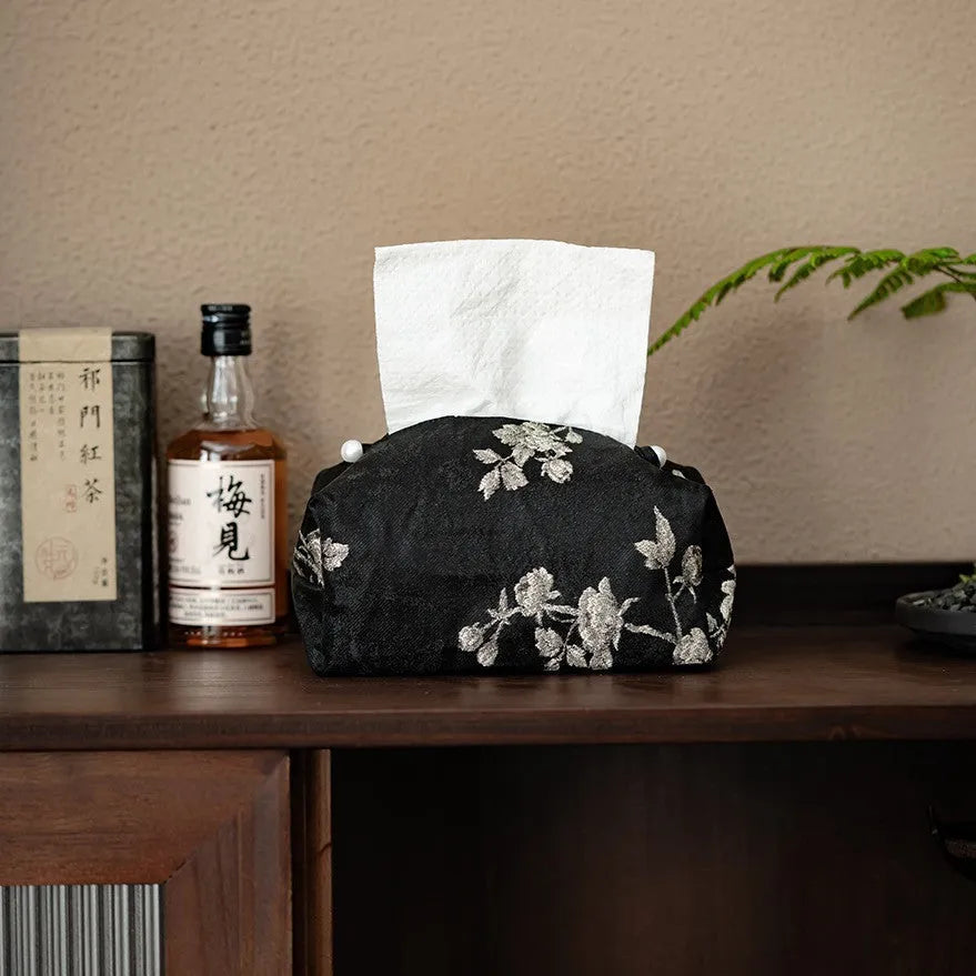 New Chinese style brocade fabric tissue box with embroidered white plum design