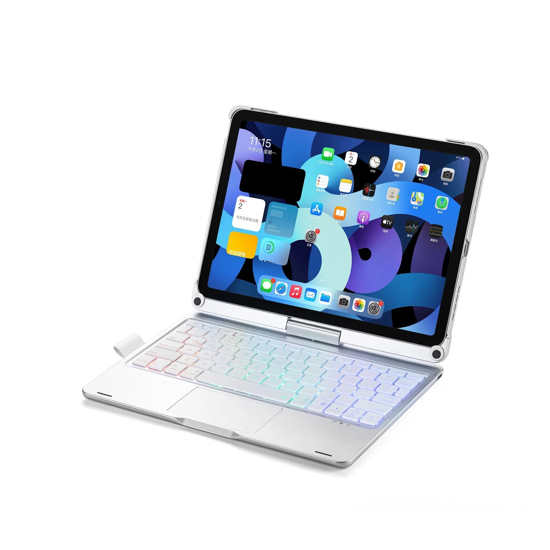 Black rotating backlit Bluetooth keyboard attached to a silver iPad, showing the 360-degree hinge.
