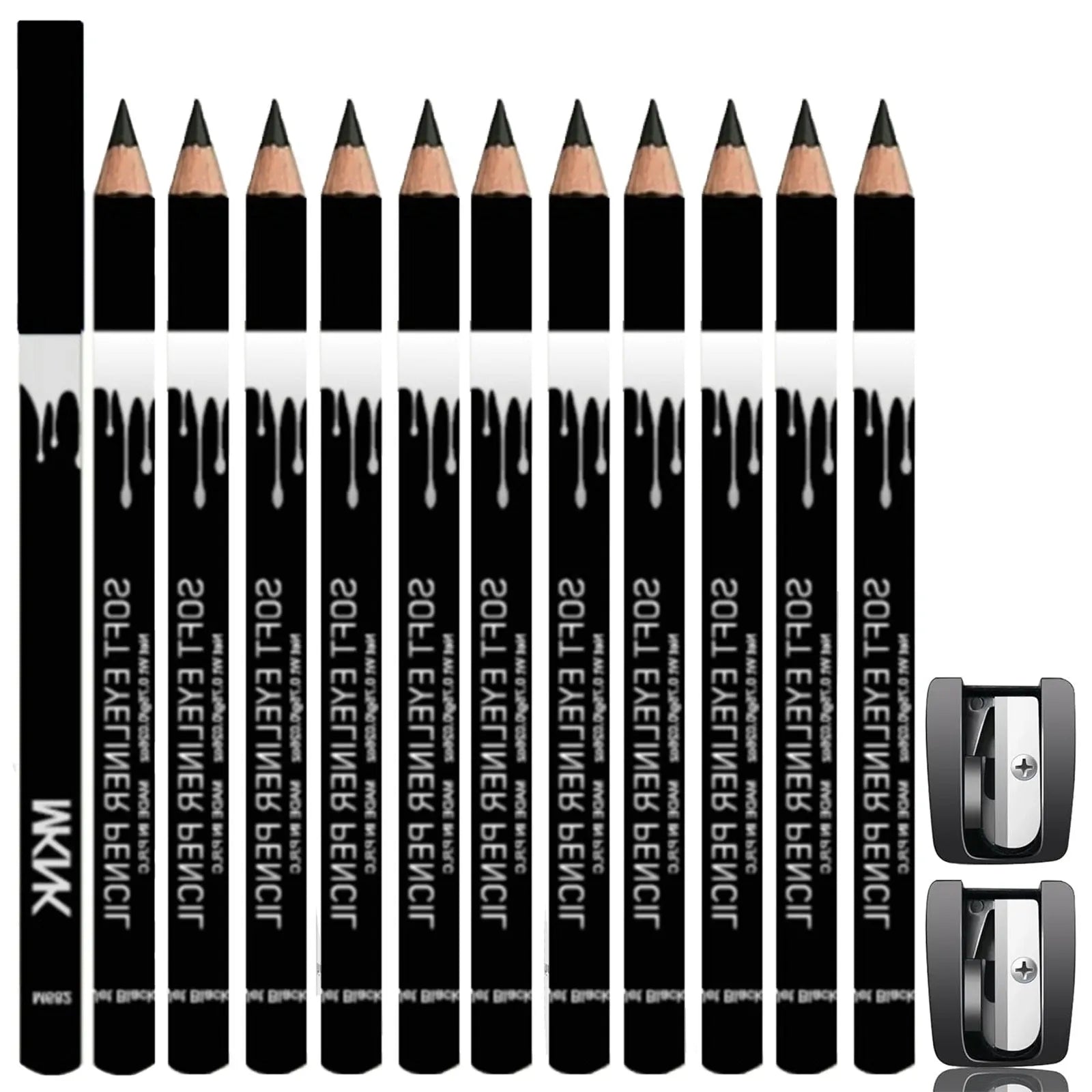 12 white and black retractable eyeliner pencils with sharpener in waterproof makeup set