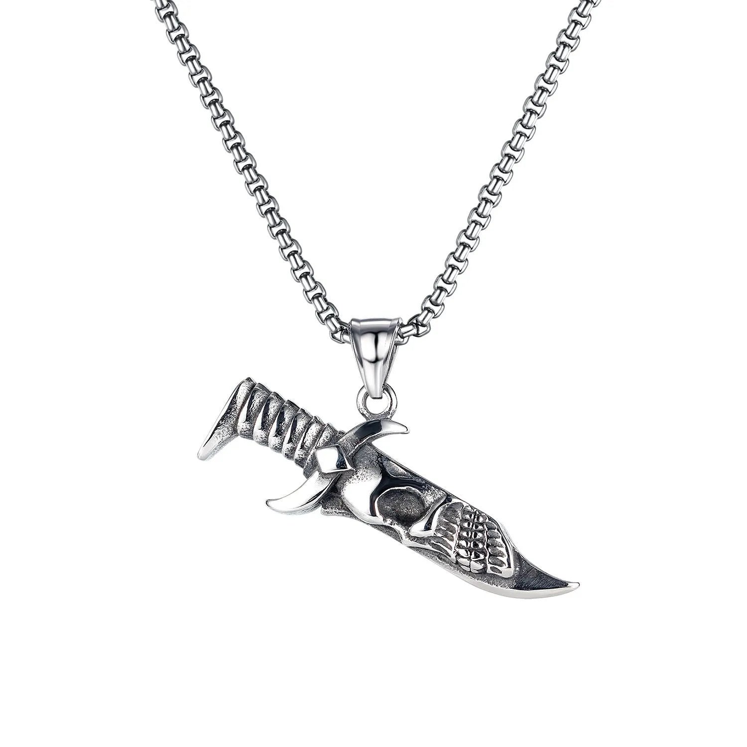 Men's stainless steel skull necklace with electroplated silver finish and alloy pendant