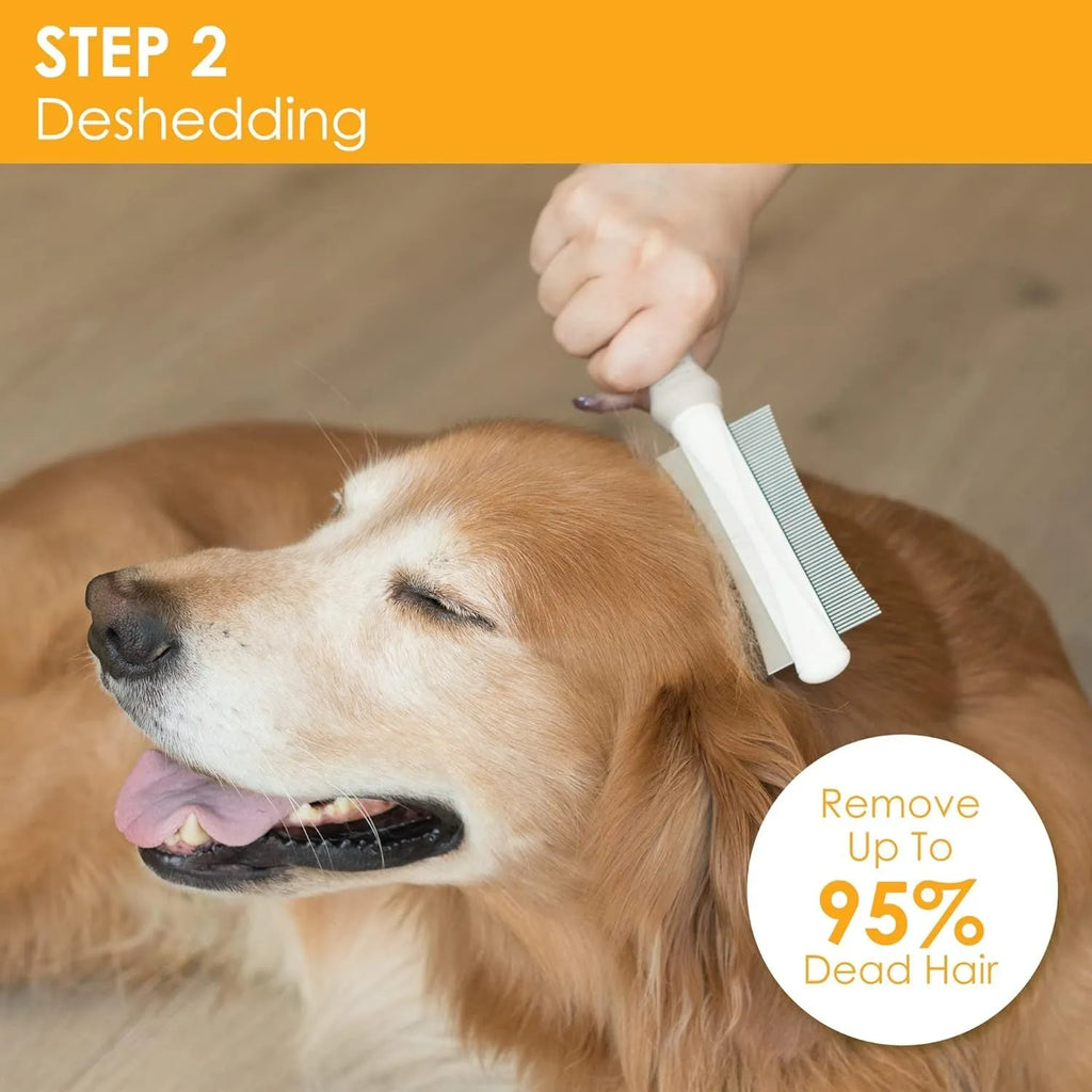 White double-sided dog and cat grooming brush with curved comb and deshedding blade, showing ergonomic handle.