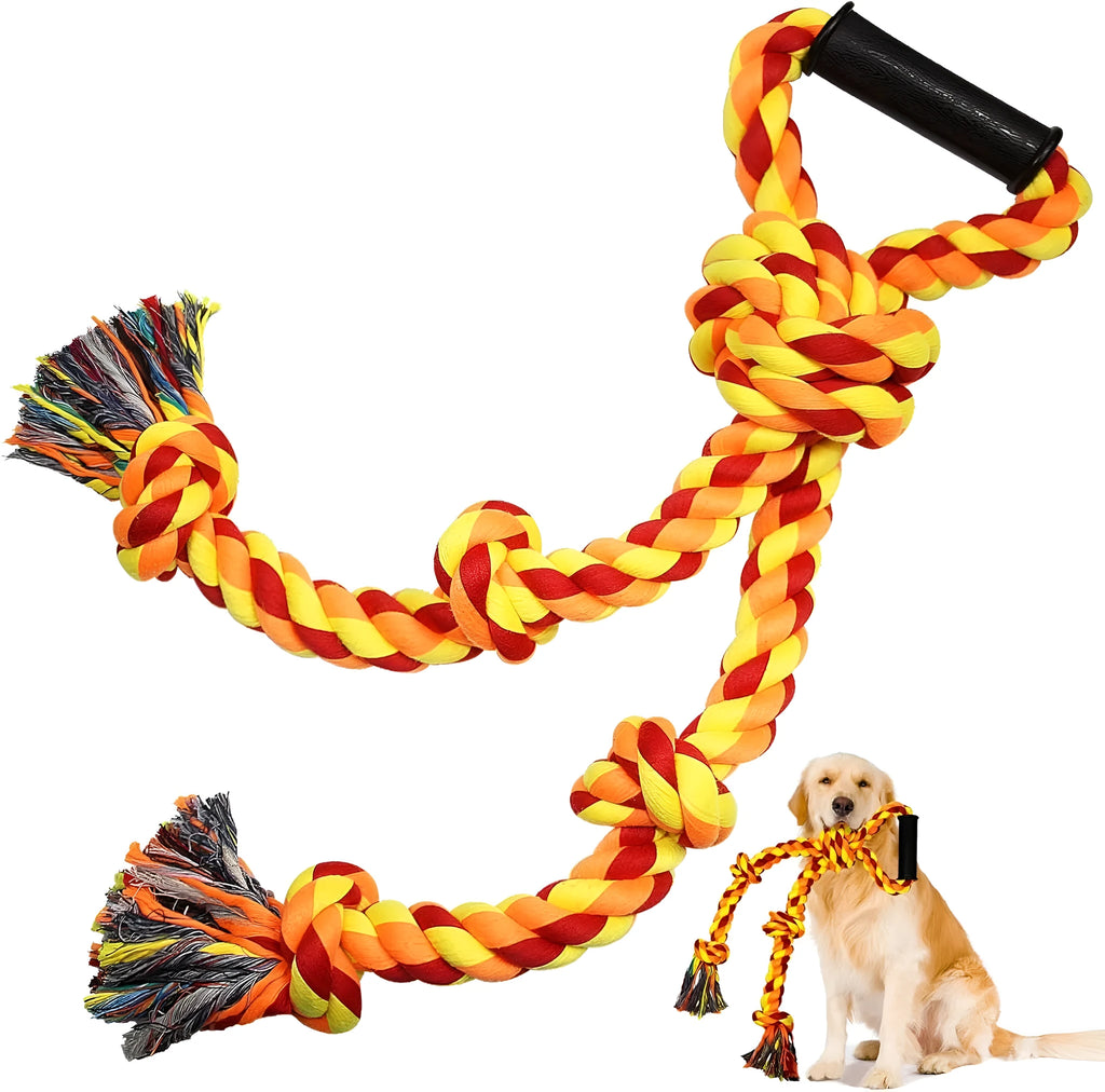 Blue and yellow extra large cotton rope dog tug toy with non-slip handle for aggressive chewers