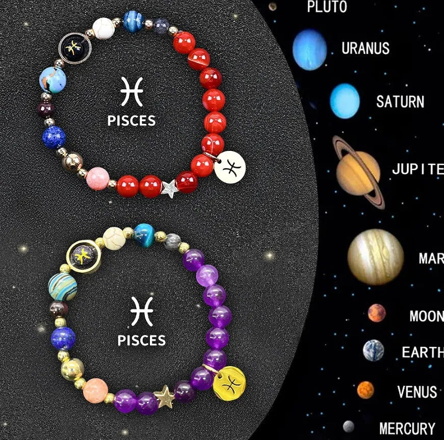 Natural stone beaded bracelets showing zodiac sign designs for all twelve star symbols
