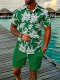 Man wearing a blue Hawaiian 3D printed short sleeve top and matching shorts leisure suit set.
