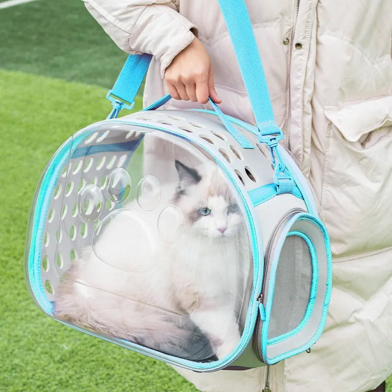 Transparent hard EVA space capsule backpack for cats, shown in green, with shoulder straps and large viewing window.