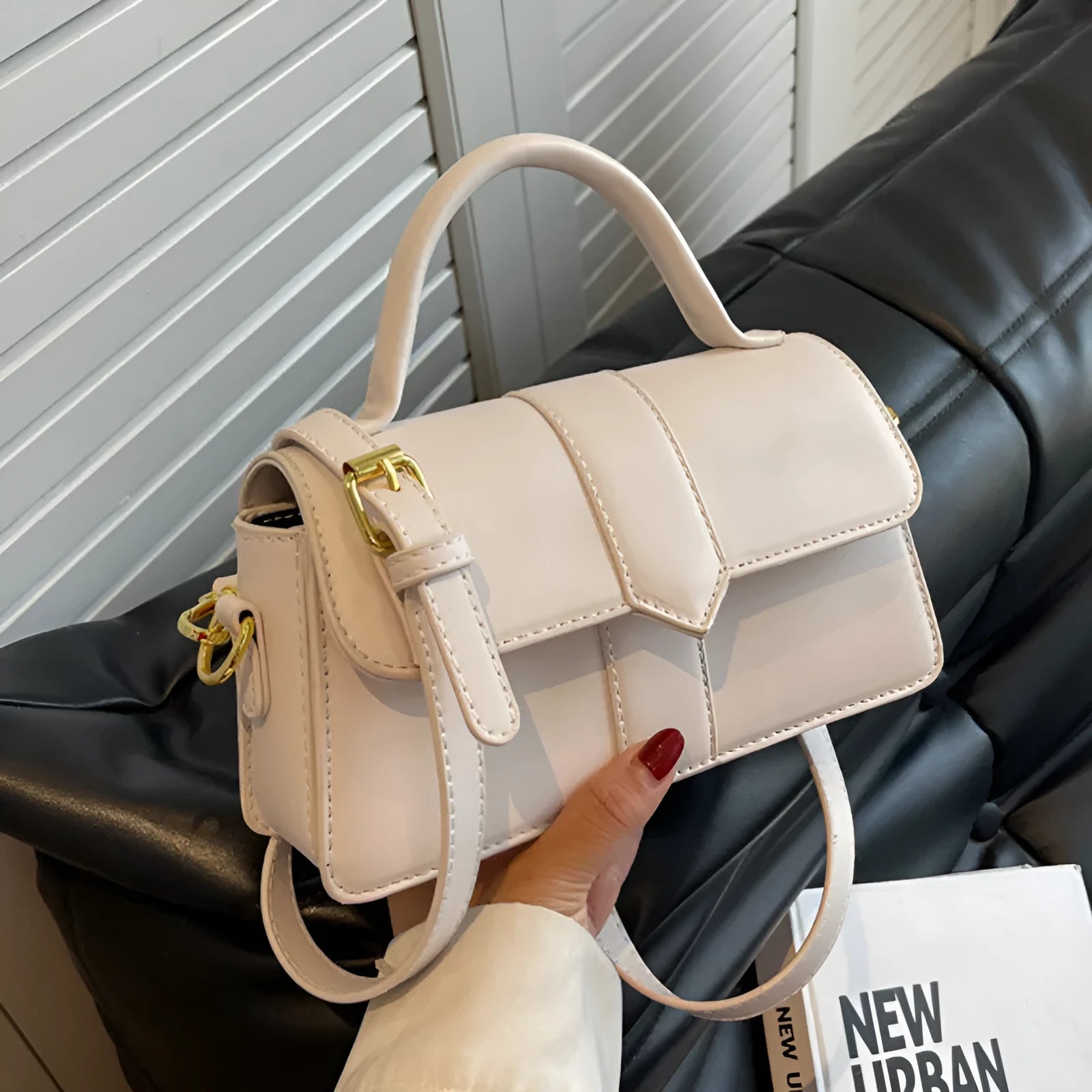Women's PU messenger bag in horizontal square shape with sandwich pocket and file organiser interior