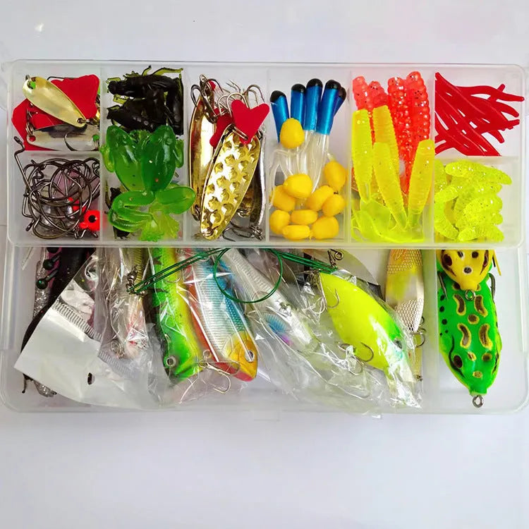 142-piece fishing lure suit kit showing hard minnow lures, sequin lures, hooks, and metal fishing pliers on a blue background