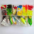 142-piece fishing lure suit kit showing hard minnow lures, sequin lures, hooks, and metal fishing pliers on a blue background