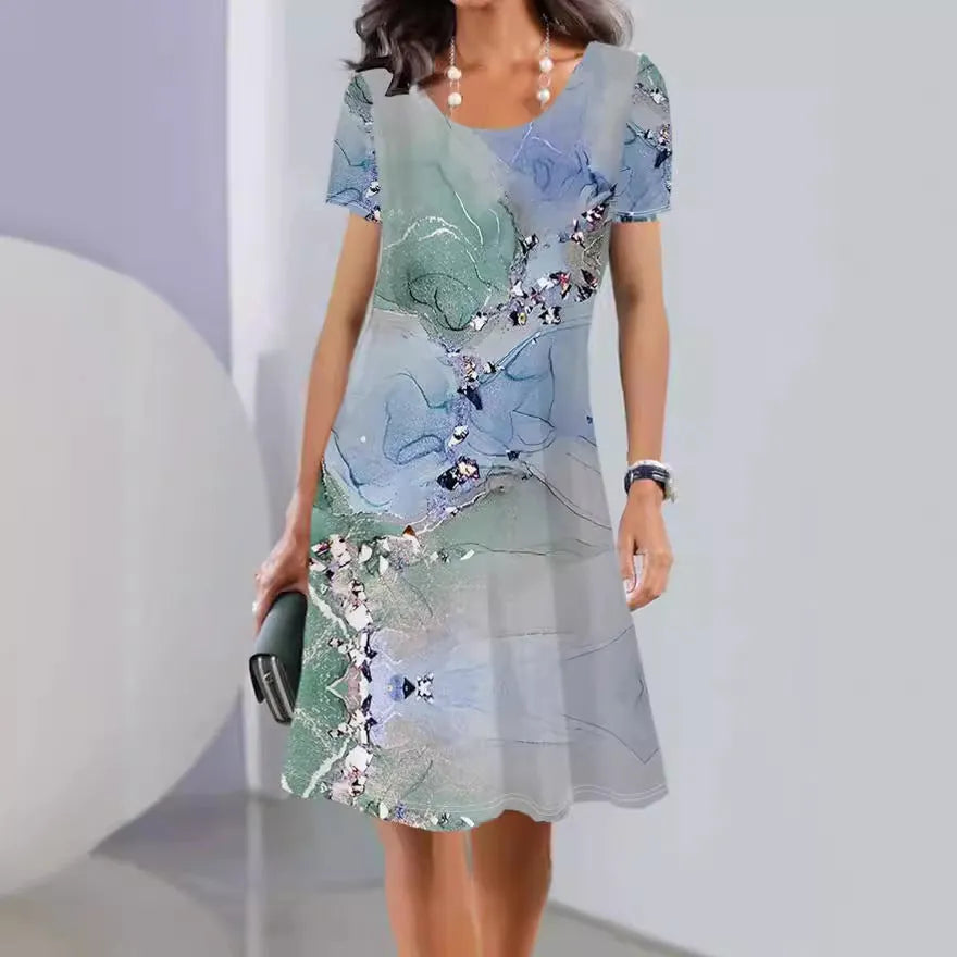 Women's floral printed summer dress with short sleeves and A-line mid-length skirt in ice silk fabric