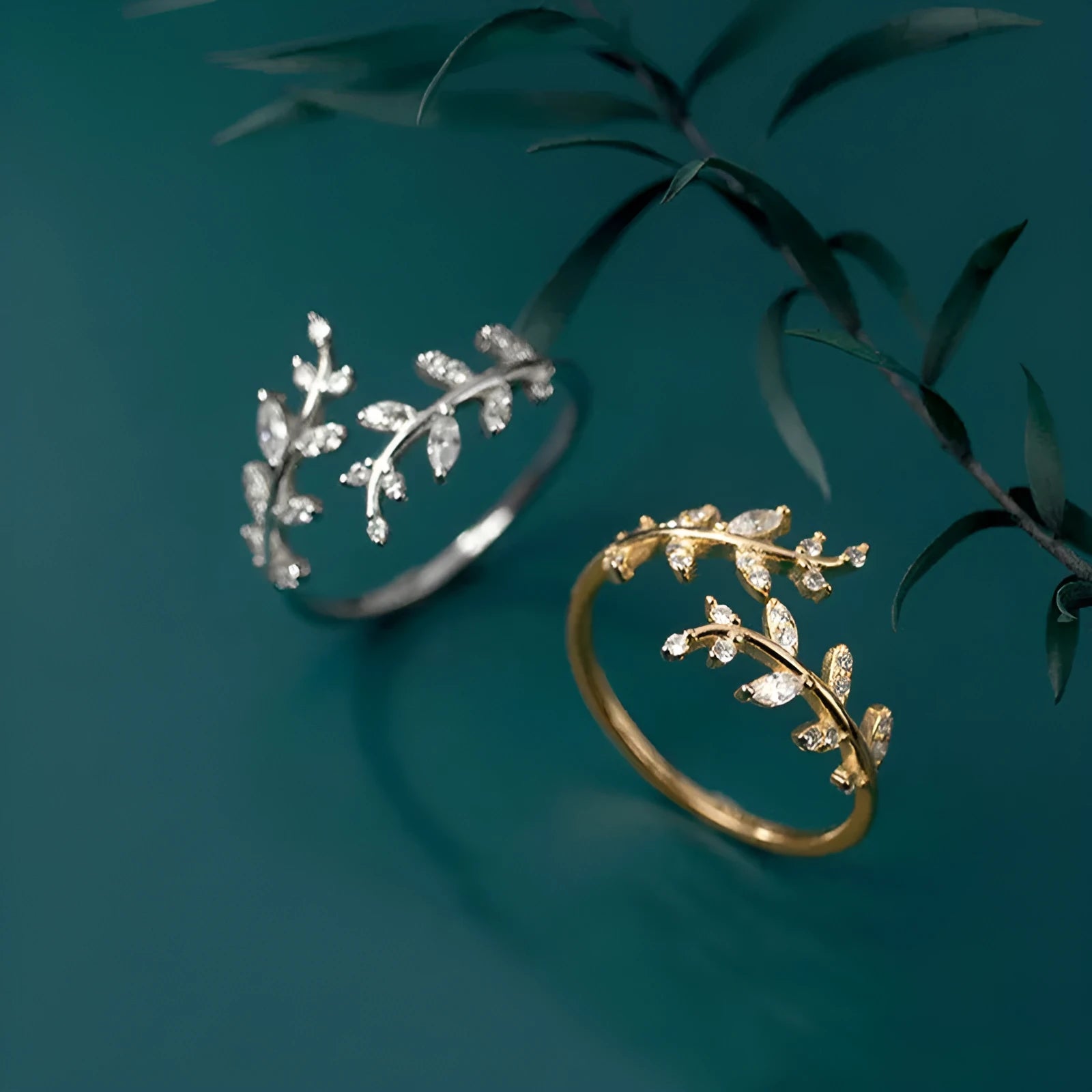 Women's branch leaf ring in electroplated copper with geometric design, silver or gold tone finish
