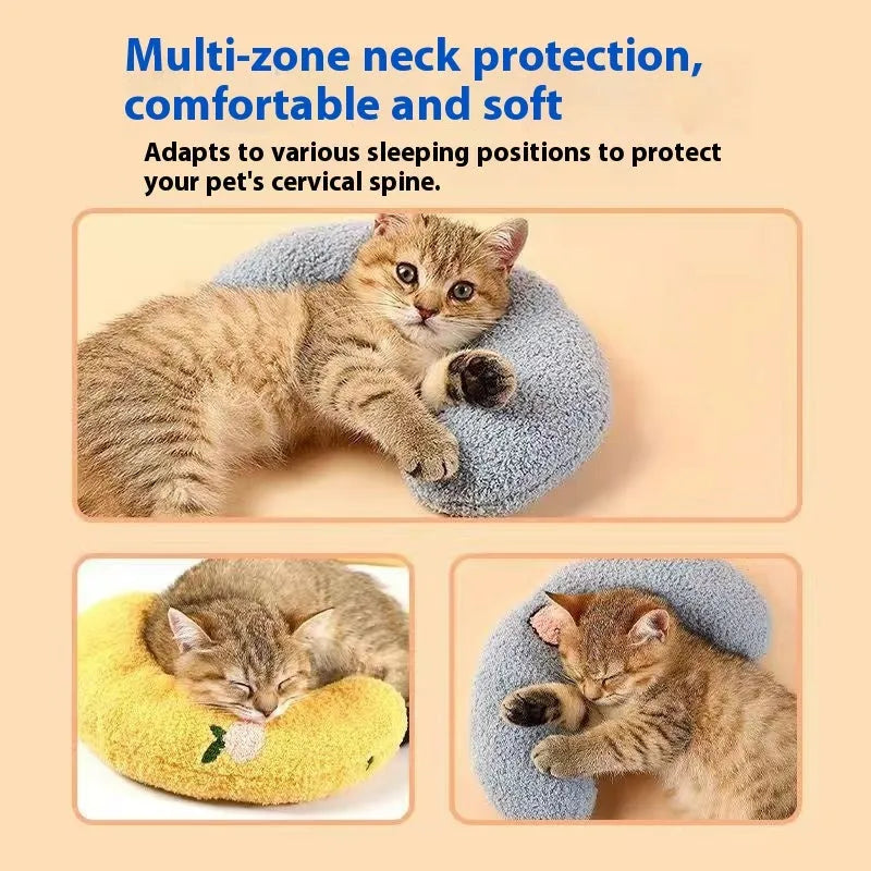 Blue U-shaped cloth pet sleeping mat for cats with neck support pillow in a question mark design.