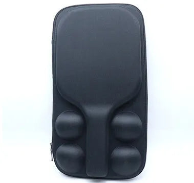Black waterproof pickleball storage bag with two shoulder straps, showing size relative to a racket and balls.