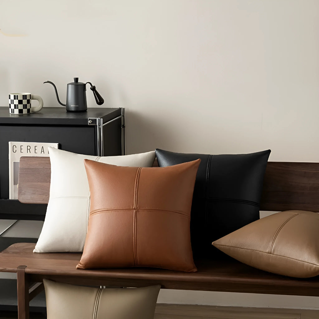 Solid colour soft cowhide leather pillow cover in a Nordic style, shown in beige white.