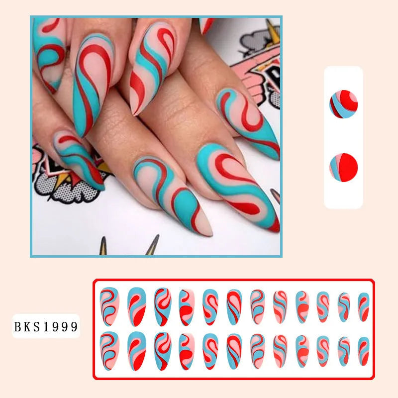 Almond-shaped false nail stickers with colourful rainbow plaid lines in four colour designs