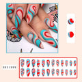 Almond-shaped false nail stickers with colourful rainbow plaid lines in four colour designs
