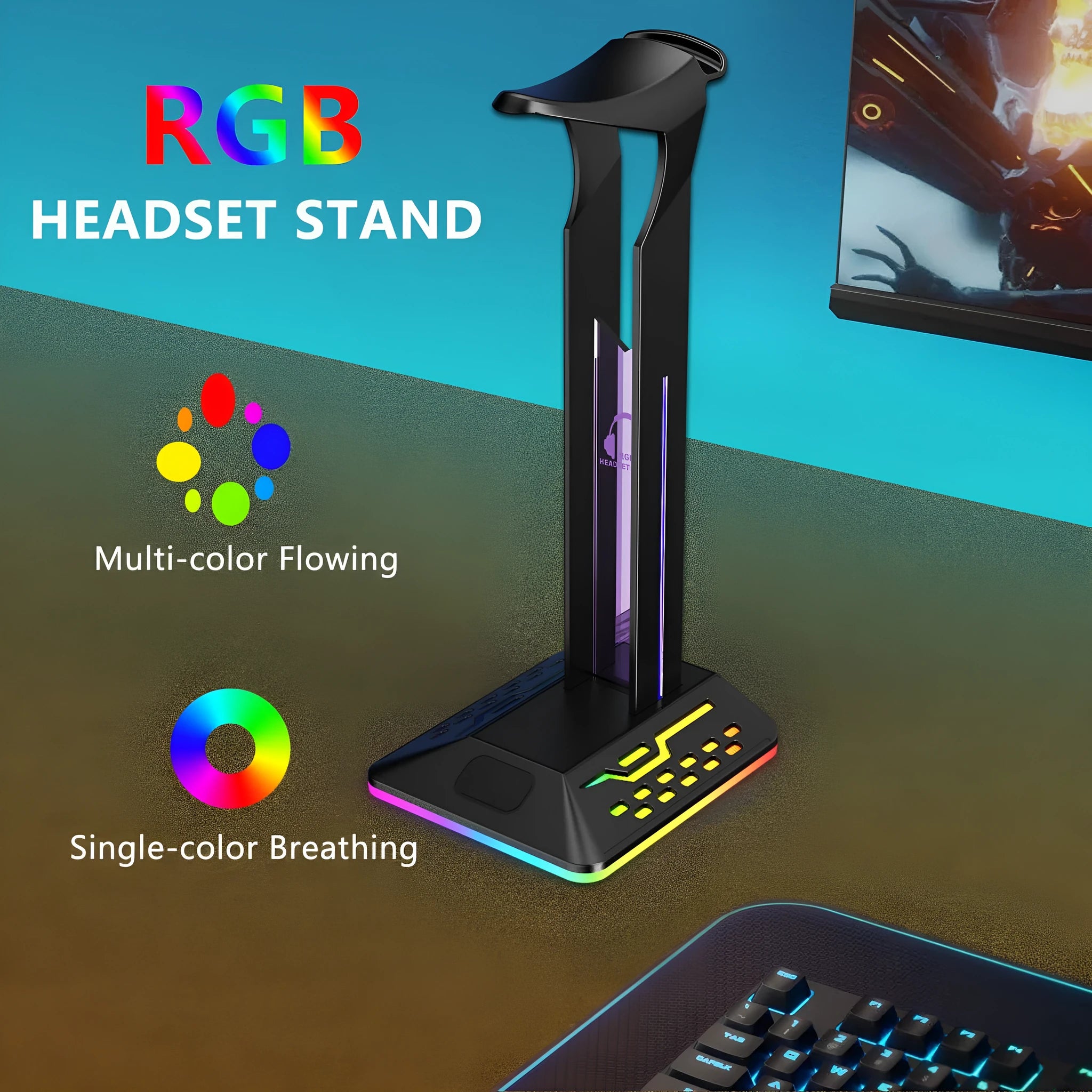 RGB headphone bracket with dual USB ports and customisable lighting on desk with headphones