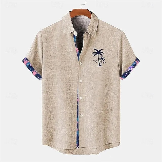 Linen short sleeve shirt with ocean fish pattern print on front, loose fit casual styling