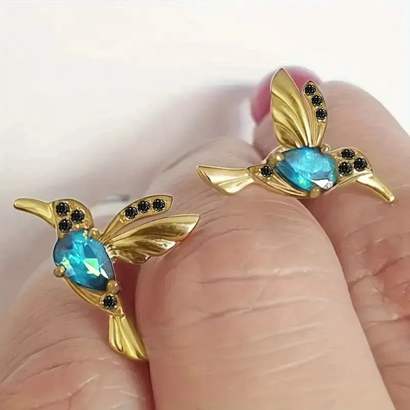 Bird hanging earrings with zirconium wings in blue, red, or red lvzuan colours