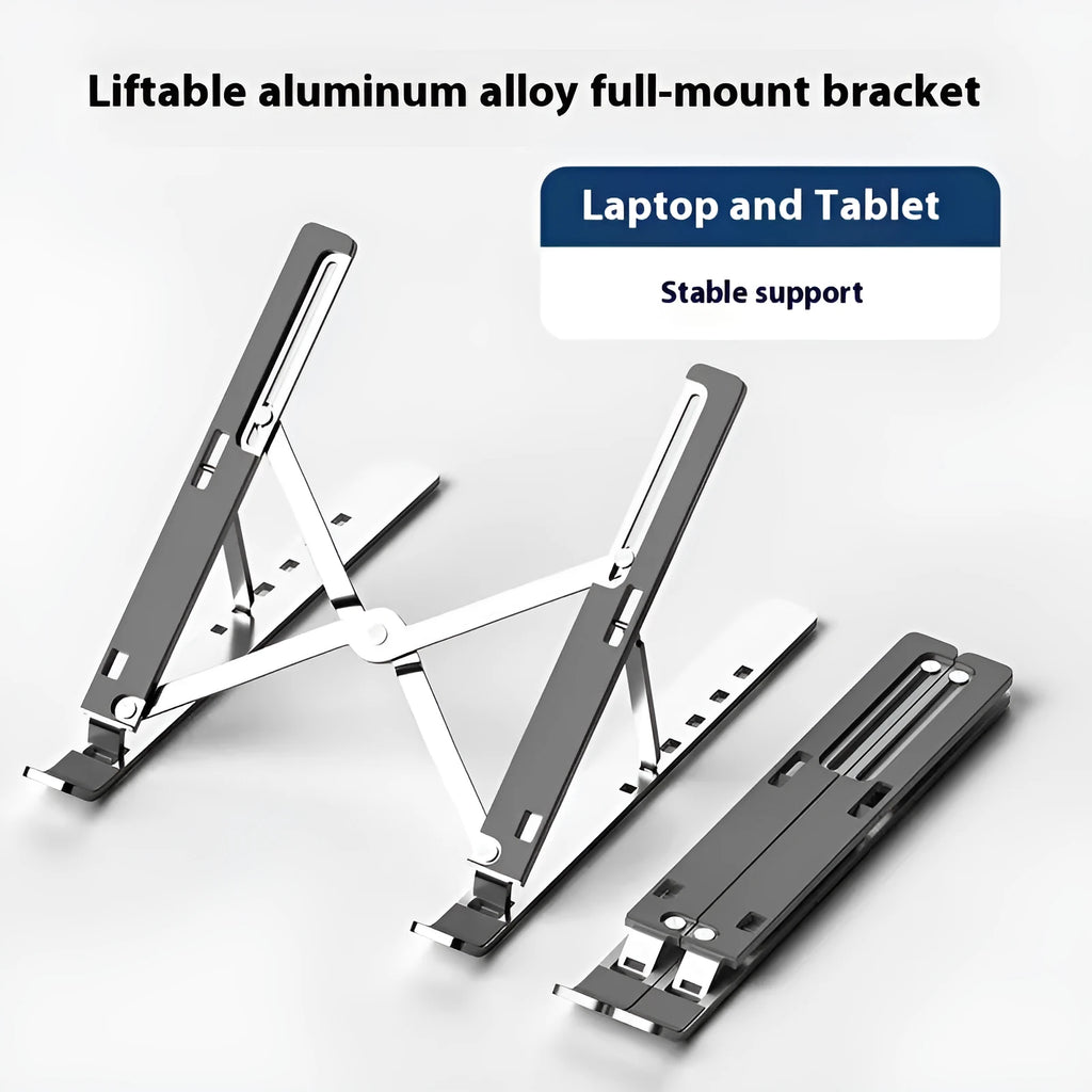 Aluminium alloy folding laptop stand in silver colour showing 16-inch size with cooling design