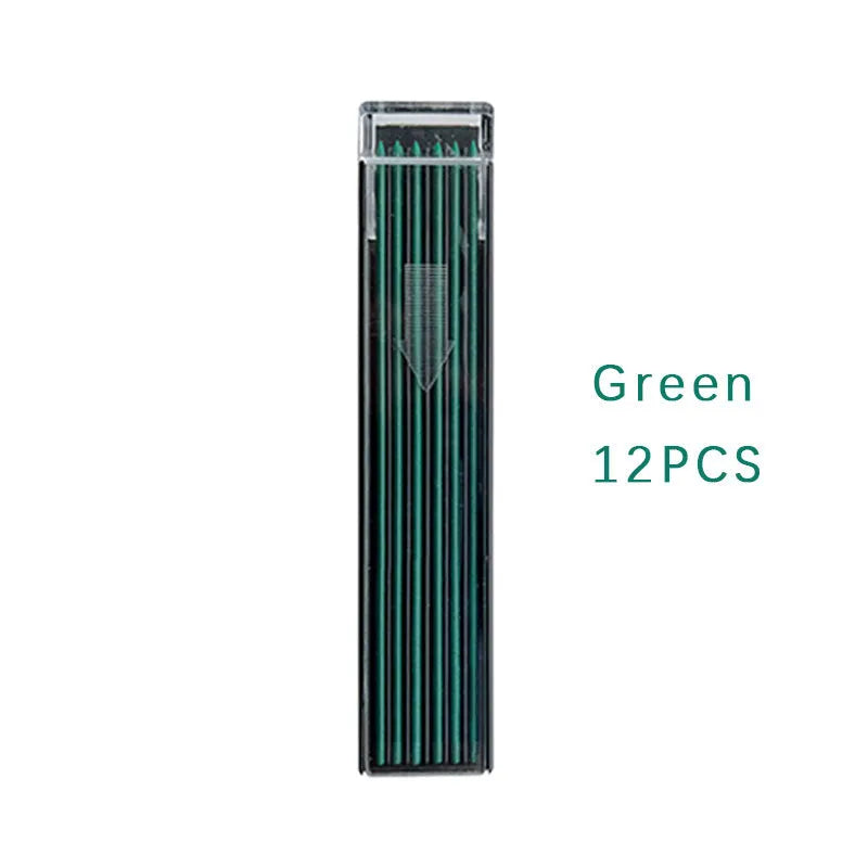 Box containing 12 coloured mechanical pencil refill leads on a white background
