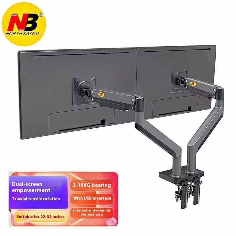 Aluminium alloy dual screen monitor desktop bracket with mechanical adjustment for 17-32 inch displays